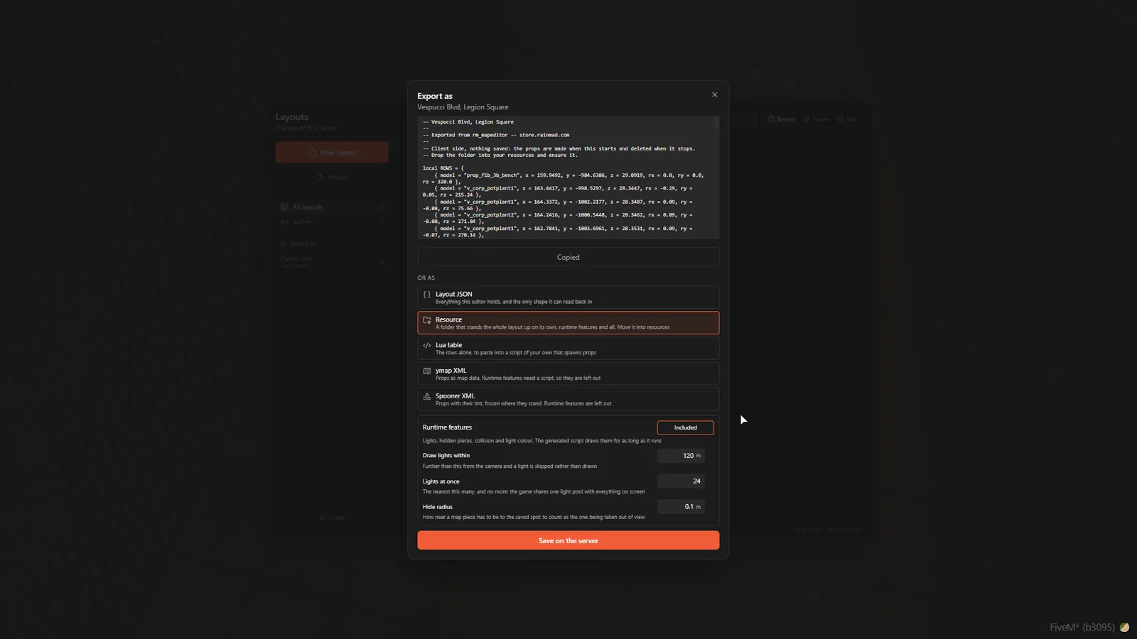 The export dialog on the resource shape