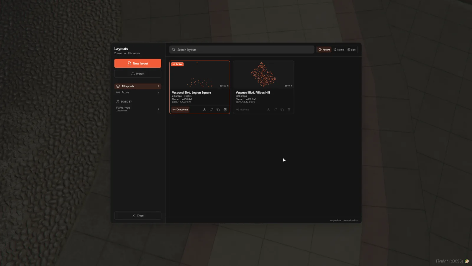 The layout browser with one layout active for the server