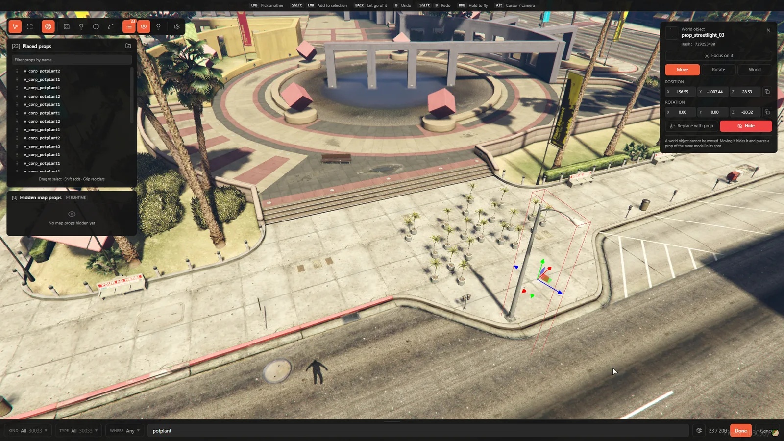 A street light of the map selected, with Hide and Replace with prop