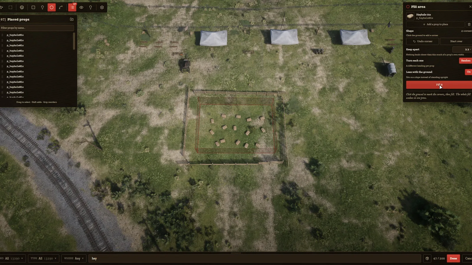 A corral: a fence along a line, then the inside filled with hay