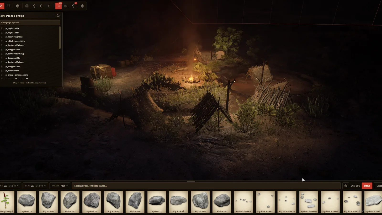 An outlaw camp at night, in fog, lit by its own lanterns