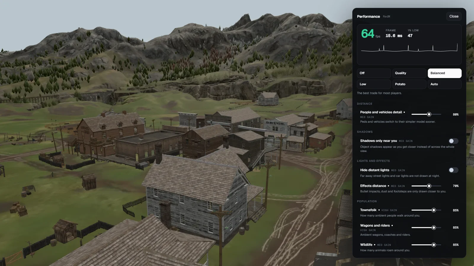 The FPS menu on RedM