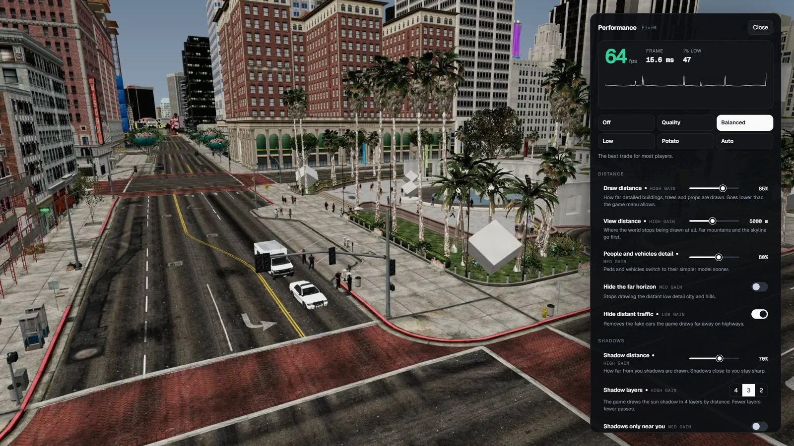 The FPS menu over the game, with the live frame time graph and the presets