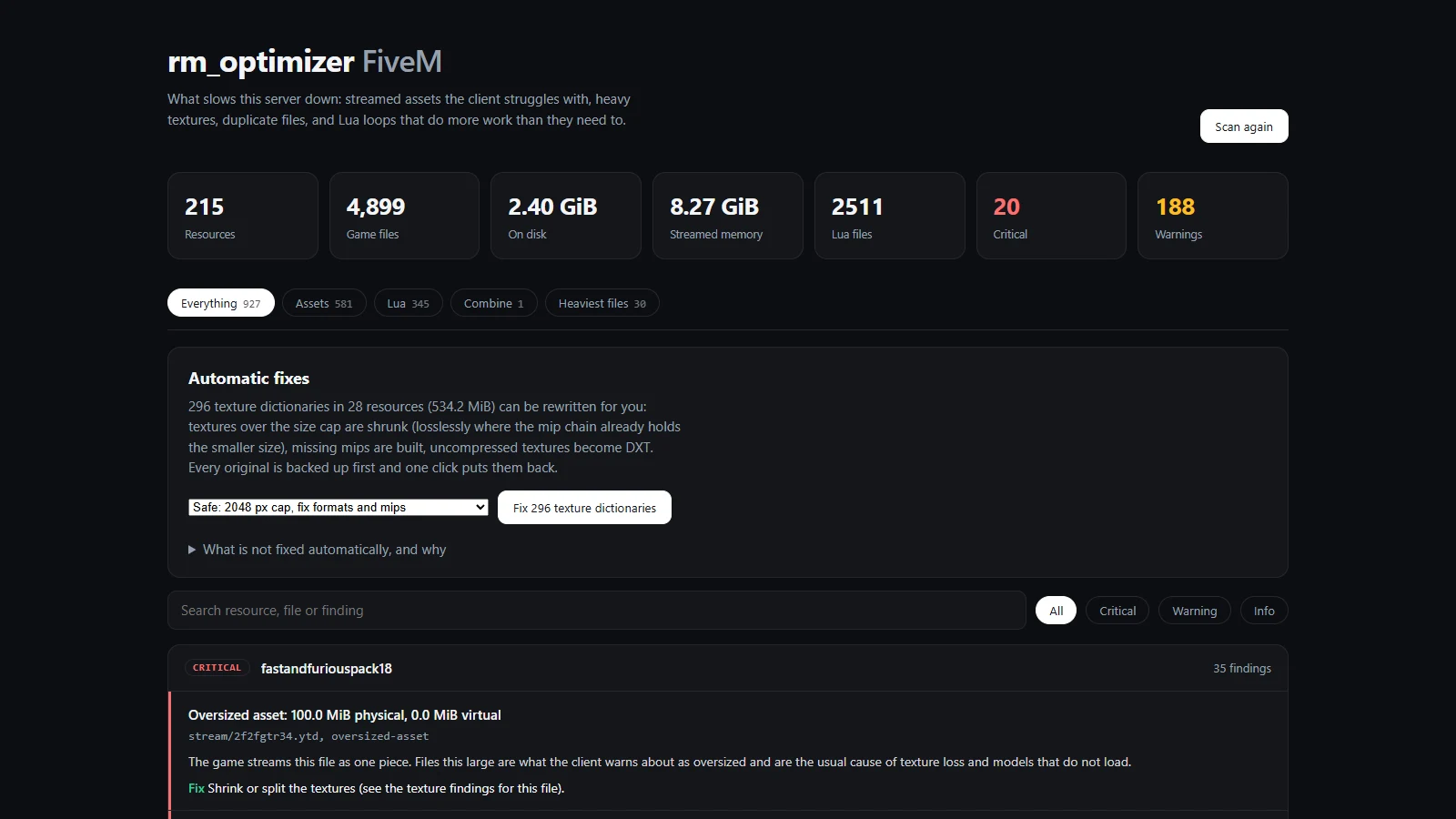 The server scan report in the browser, findings sorted by what they cost
