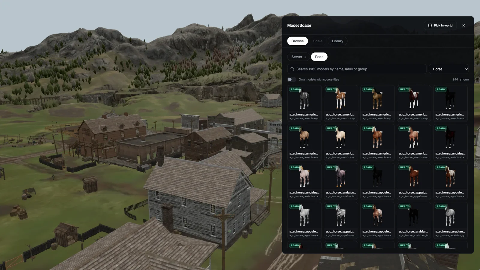 The model browser on the Peds tab, filtered to horses, every one marked Ready