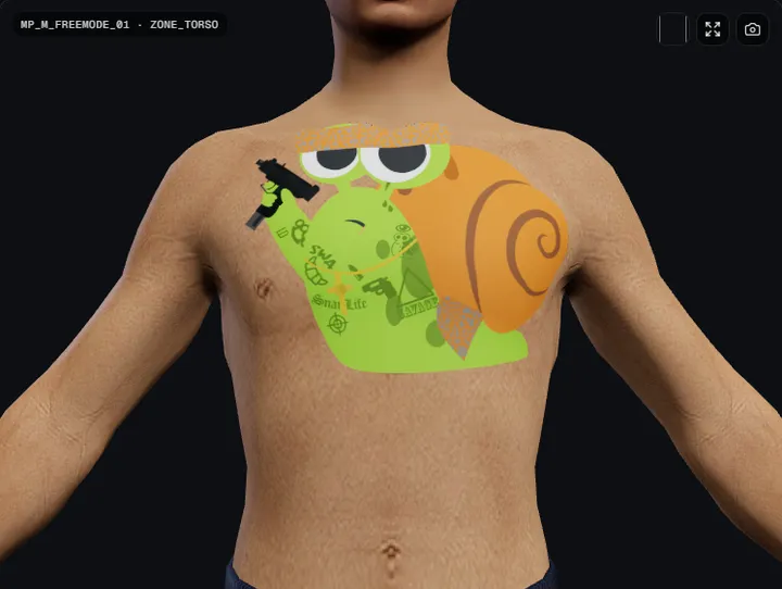 Ein Tattoo auf der Brust des Freemode-Peds im 3D-Tattoo-Editor
