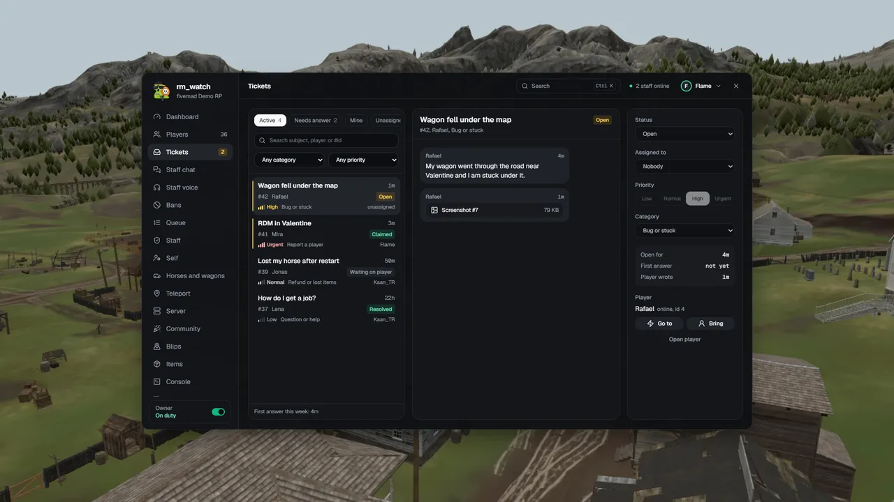 Tickets in the RedM in-game menu